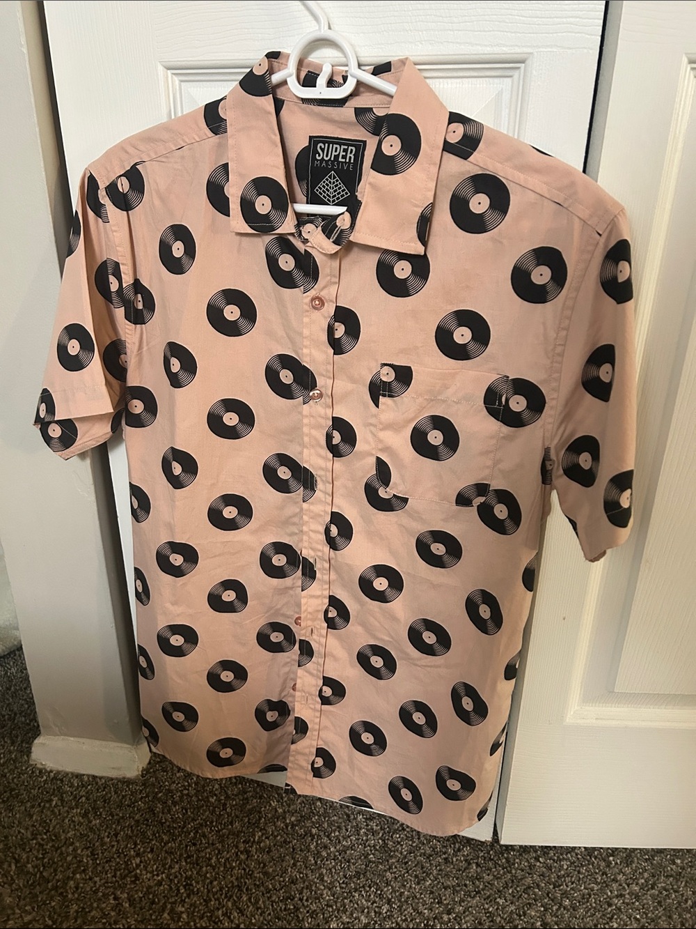 Super Massive short pink sleeve button up vinyl record print